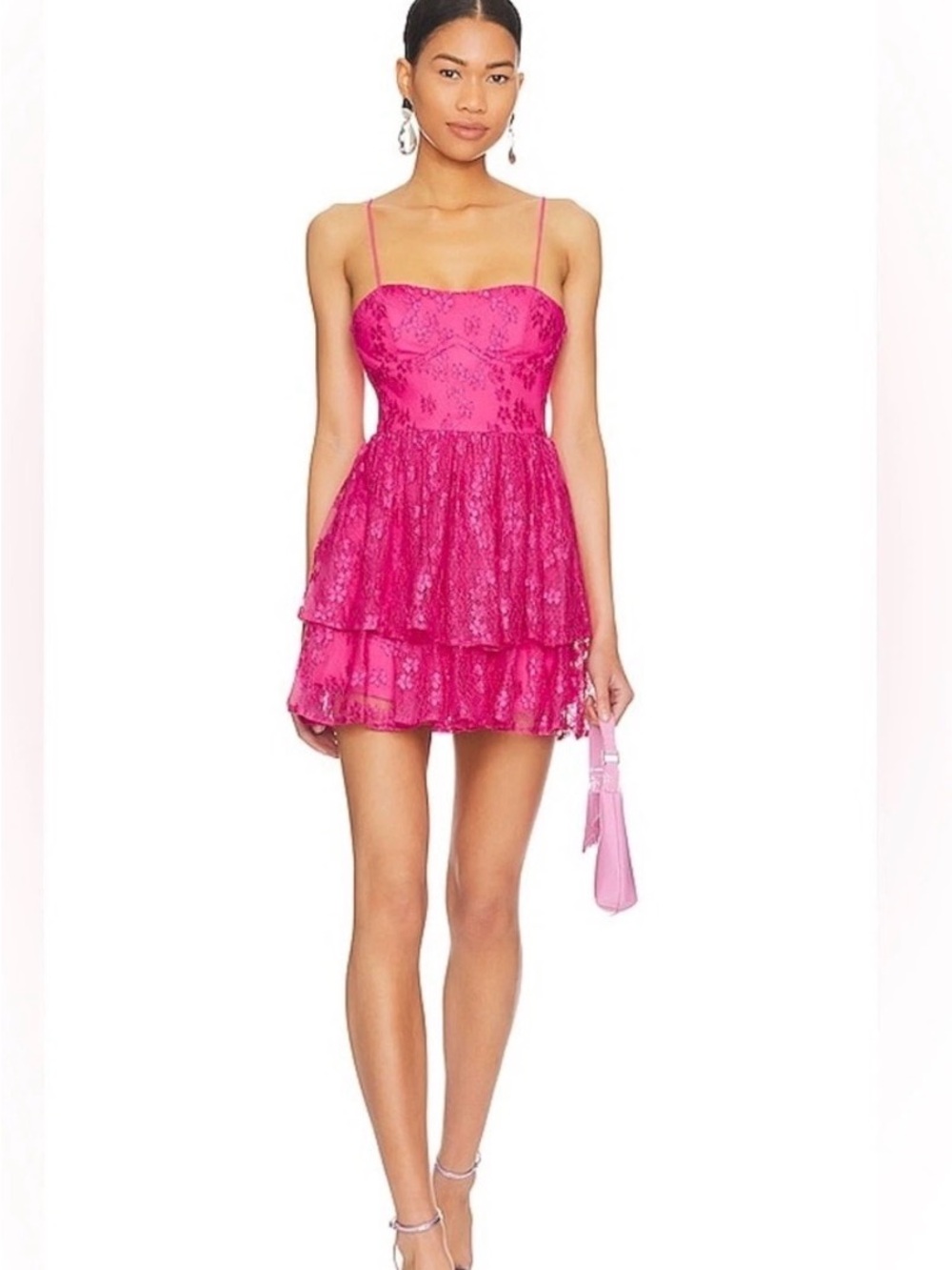 Lovers + Friends Hot Pink Lace Tiered Mini Dress